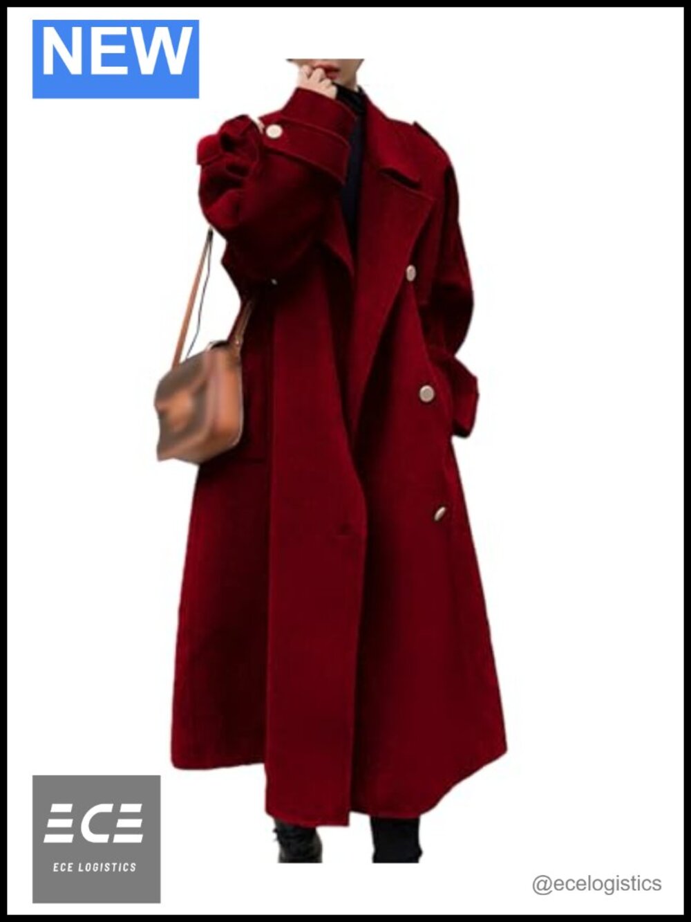 Women's Double Breasted Midi Wool Blend Pea Coat Notched Lapel Oversized Trench